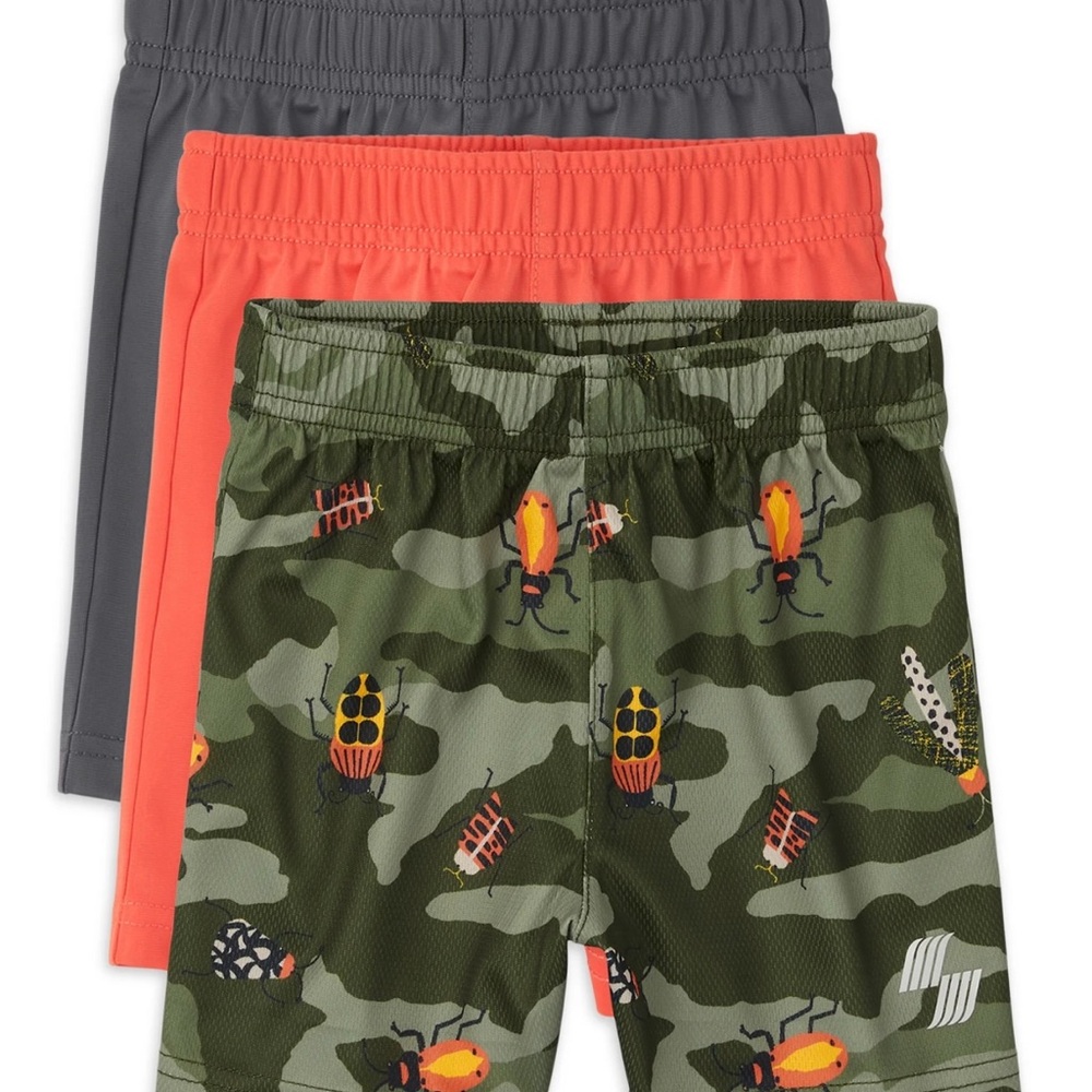 Kids Camo and Solid Shorts Set - Green, Gray, and Orange